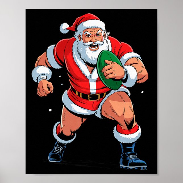 Póster Santa Playing Rugby Funny Holiday Christmas Xmas P (Frente)