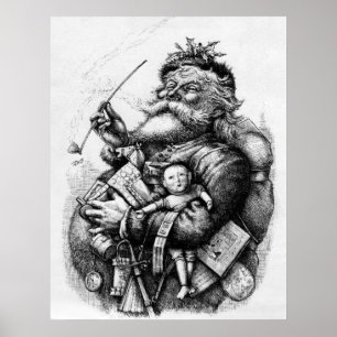 Póster Santa que sostiene los juguetes blancos y negros