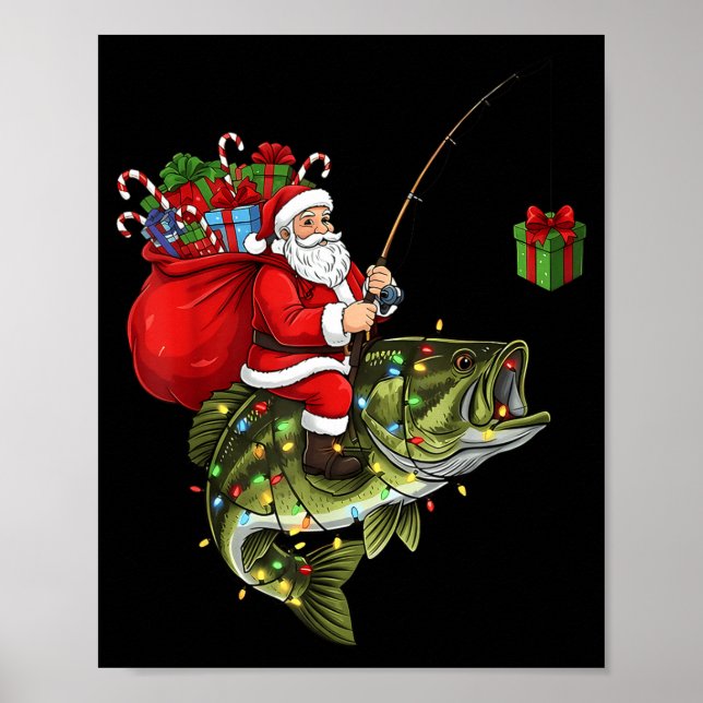 Póster Santa Riding B Fish Christmas Fishing Funny Xmas P (Frente)