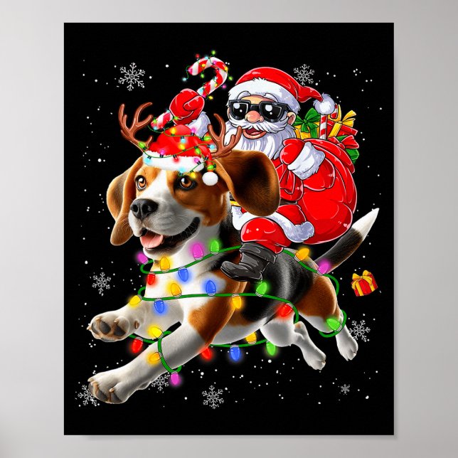 Póster Santa Riding Beagle Christmas Lights Funny Dog Xma (Frente)