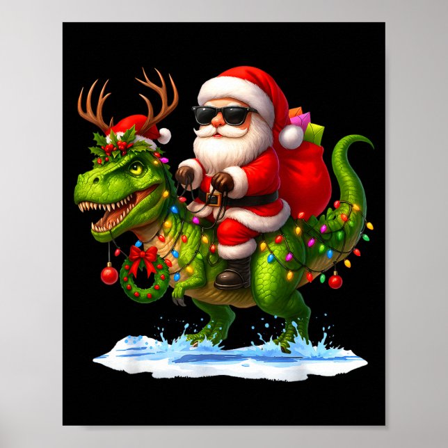 Póster Santa Riding Dinosaur T Rex Christmas Boys Men Xma (Frente)