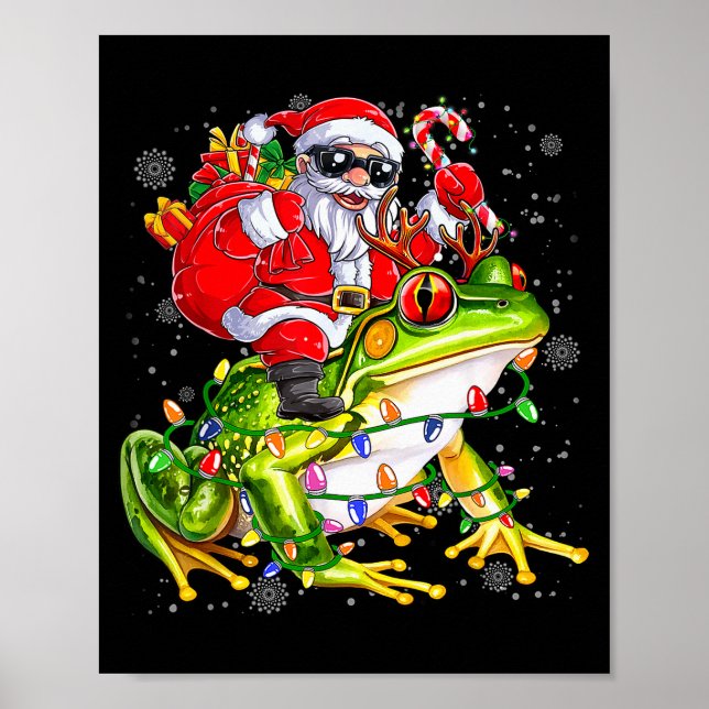 Póster Santa Riding Frog Christmas Lights Funny Xmas Tree (Frente)