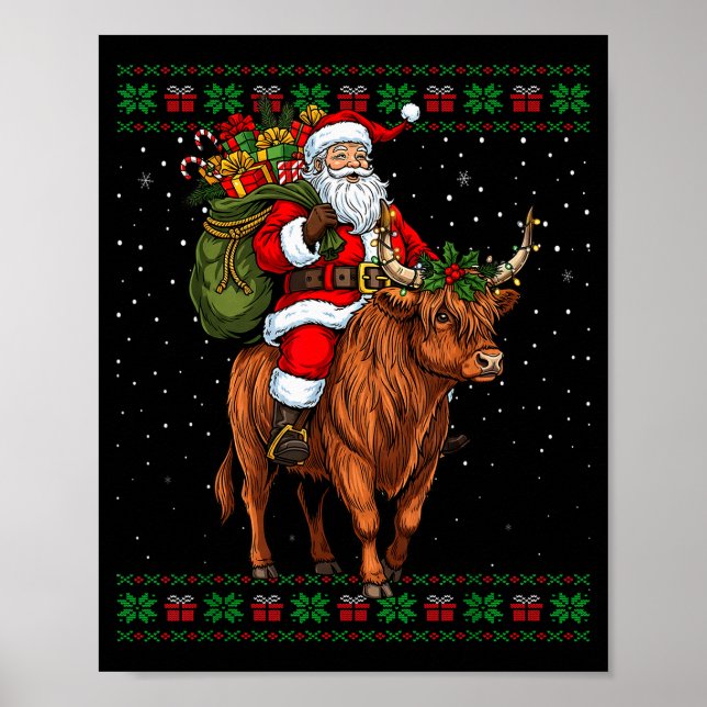Póster Santa Riding Highland Cow Ugly Christmas Sweater  (Frente)
