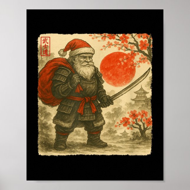 Póster Santa Samurai Japanese Warrior Costume Sumi-e Art  (Frente)