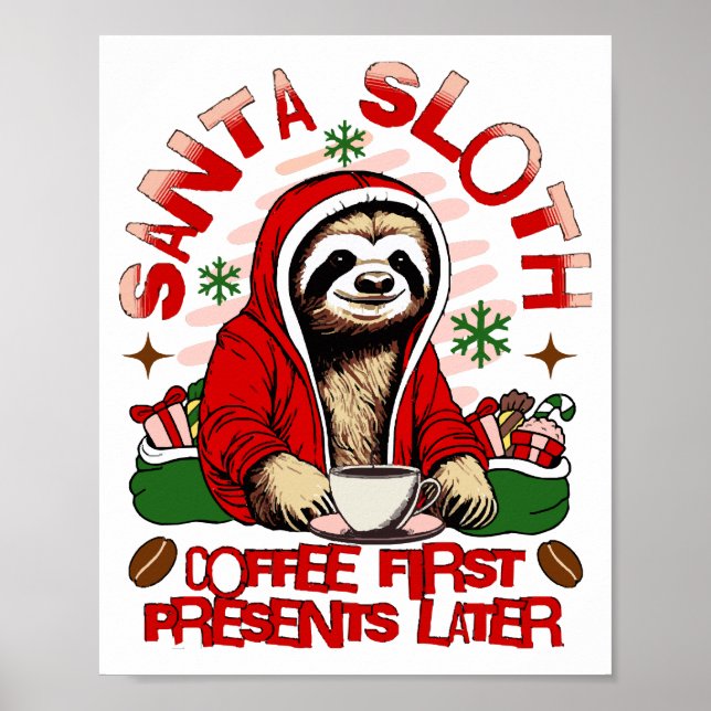 Póster Santa Sloth bebiendo café (Frente)