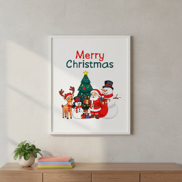 Póster Santa, Snowman Y Los Renos Feliz Navidad