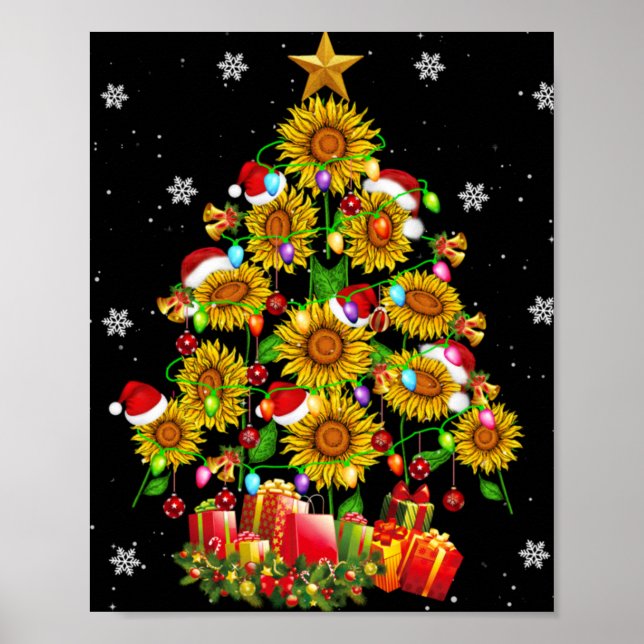 Póster Santa Sunflower Christmas Tree Xmas Lights Santa S (Frente)