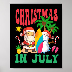 Póster Santa surfeando en la playa hawaiana Navidad en ju