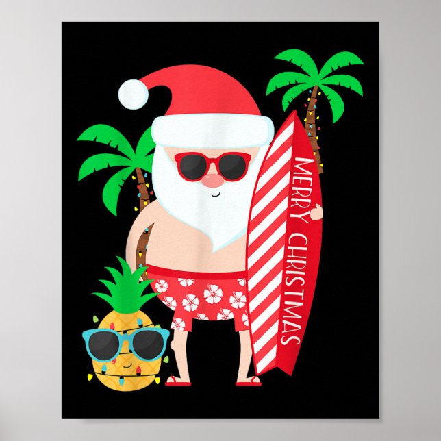 Póster Santa Surfing Hawaiian Beach Christmas In July Tro (Frente)