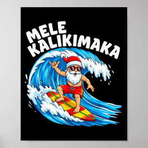 Póster Santa Surfing Mele Kalikimaka Navidad Hawaiana
