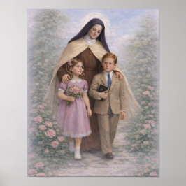 Póster Santa Teresa Guiando Niños Rosas Católico