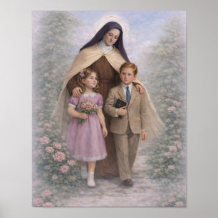 Póster Santa Teresa Guiando Niños Rosas Católico