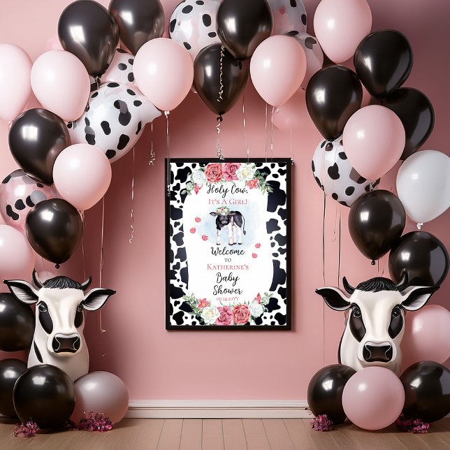 Póster Santa vaca, es un Chica Poster de bienvenida de Ba (Cute "Holy Cow, It's A Girl!" Baby Shower Poster)