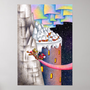 Póster Santa volador y un país nevado.