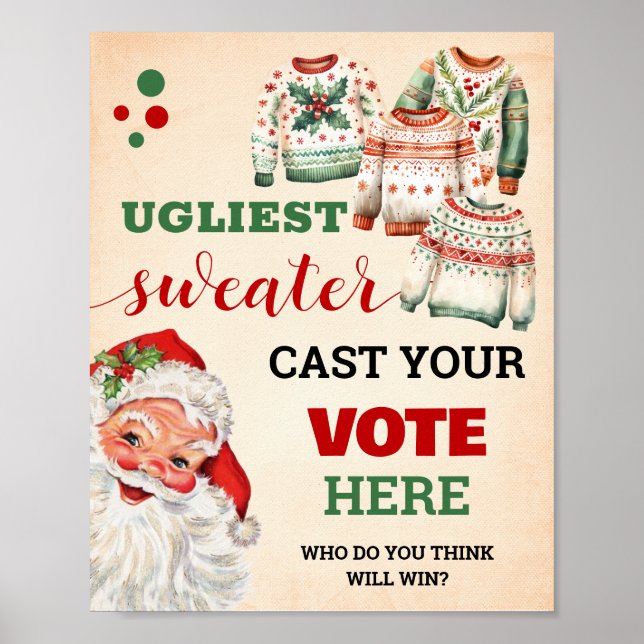 Póster Santa Vote por el Jersey de Navidad Más Feo Letrer (Frente)