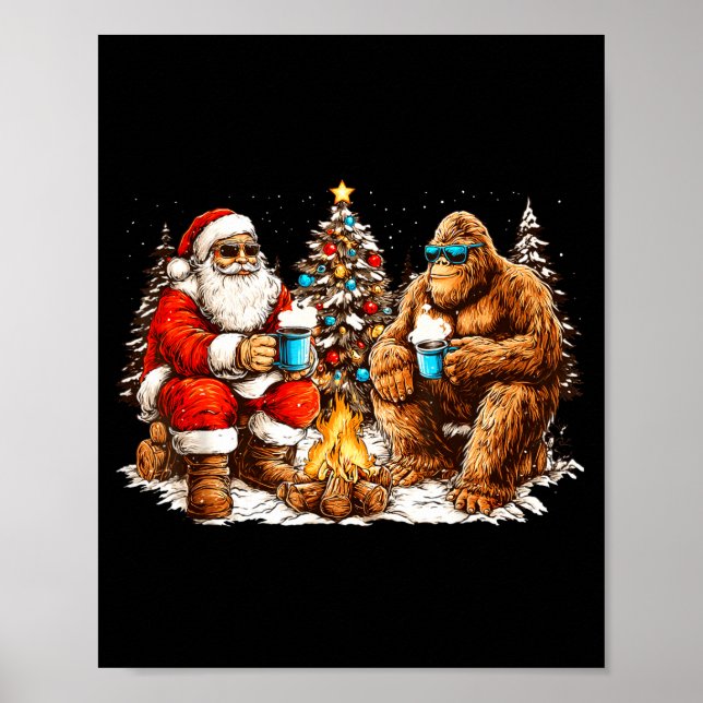 Póster Santa With Bigfoot Christmas Campfire Funny Sasqua (Frente)