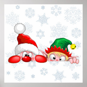 Póster Santa y Elf Cute y graciosos personajes Peeking