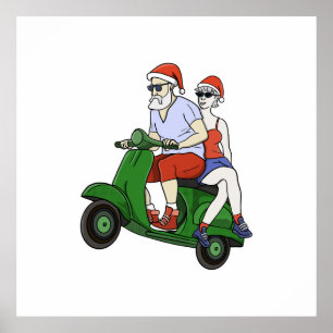 Póster Santa y la Sra. Claus montando una moto