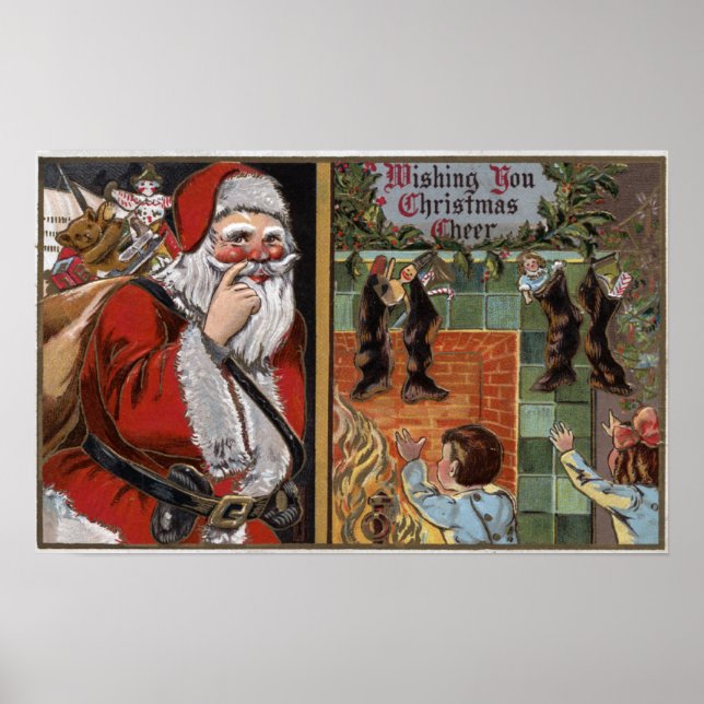 Póster Santa y los niños mirando Chimney (Frente)