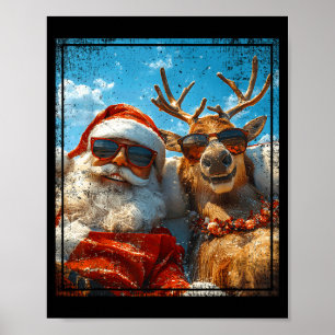 Póster Santa y Reno Selfie Divertida Vacación de Navidad