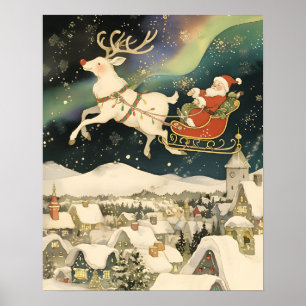 Póster Santa y renos lindos volando sobre un pueblo nevad