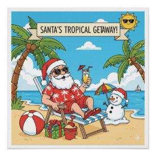 Póster Santa y Snowman en la playa