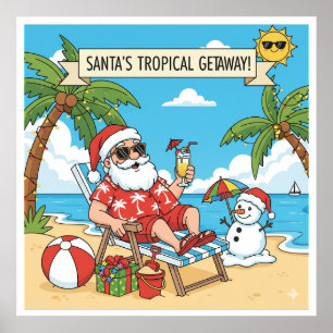Póster Santa y Snowman en la playa