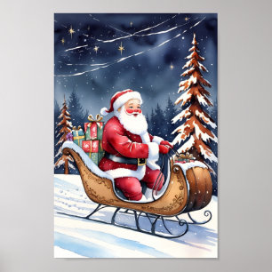 Póster Santa y su Snowowly Sleigh Clásico Art