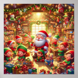 Póster Santa y sus adorables elfos en su taller