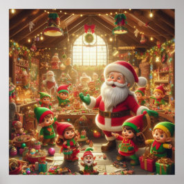 Póster Santa y sus elfos en el taller de Navidad en la pa
