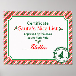 Póster Santa's Nice List Certificate Red Green Candy Cane