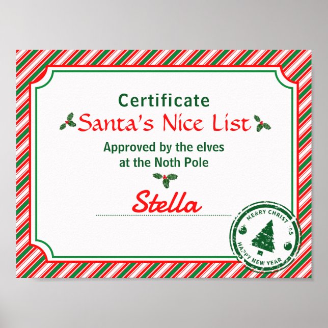 Póster Santa's Nice List Certificate Red Green Candy Cane (Frente)