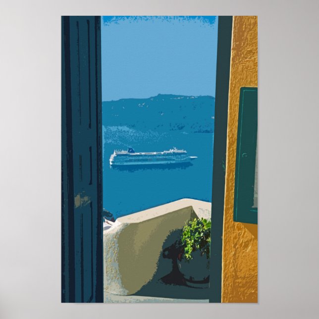Póster Santorini, barco de crucero griego (Frente)