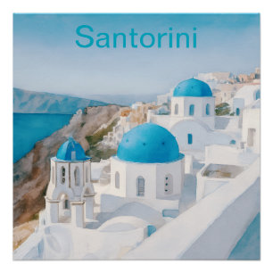 Póster Santorini, Grecia, con cúpulas azules