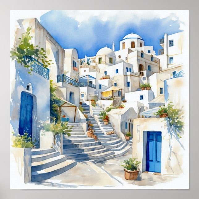 Póster Santorini Grecia Poster cuadrado de pintura de col (Frente)