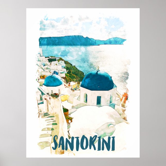 Póster Santorini Grecia Poster de acuarela de viajes (Frente)