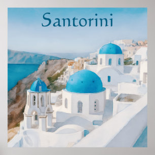 Póster Santorini, Grecia pueblo con cúpulas azules