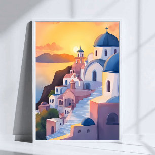 Póster Santorini, Grecia Puesta de sol de acuarela en l