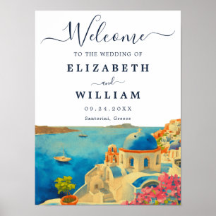 Póster Santorini Grecia Watercolor Skyline Boda