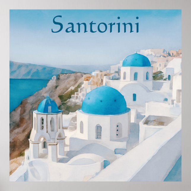 Póster Santorini, Greece village with blue domes (Frente)