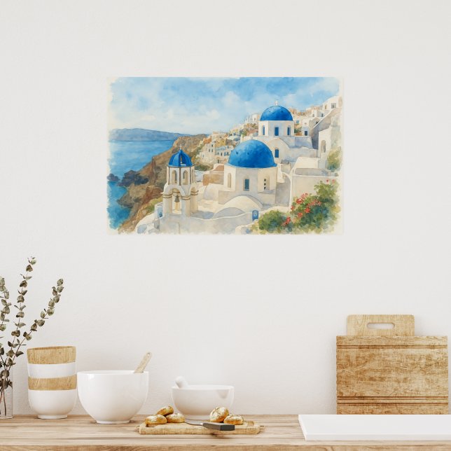 Póster Santorini Greece Watercolor  Blue Dome Church Art (Cocina)