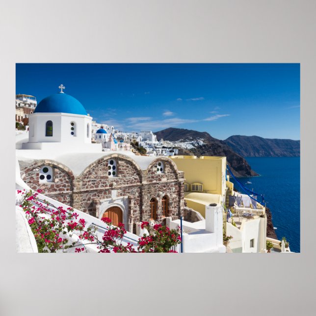 Póster Santorini - Iglesia de cúpula azul en el poster Oi (Frente)
