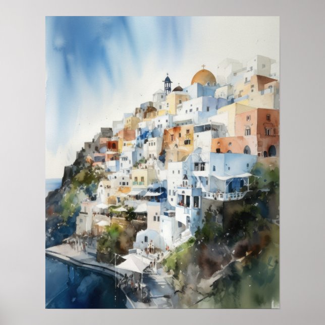 Póster Santorini Oia Greece Watercolor Art Print Poster (Frente)