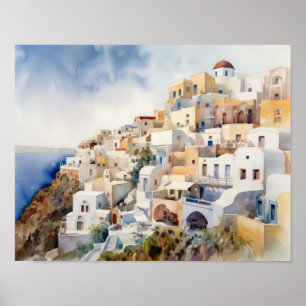 Póster Santorini Oia Greece Watercolor Art Print Poster