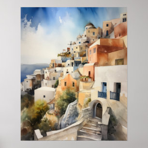 Póster Santorini Oia Greece Watercolor Art Print Poster