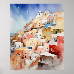 Póster Santorini Oia Greece Watercolor Art Print Poster