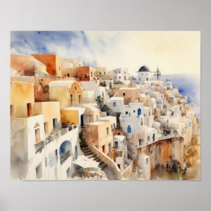 Póster Santorini Oia Greece Watercolor Art Print Poster