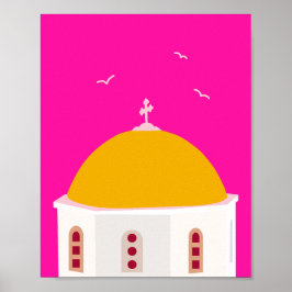 Póster Santorini Viaja Grecia Rosa Caliente Y Amarillo