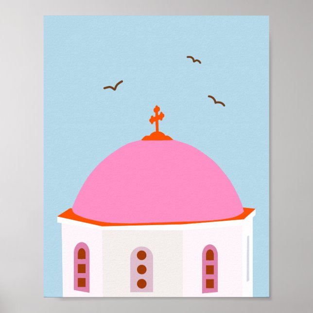 Póster Santorini Viaja Grecia Rosa Y Azul (Frente)