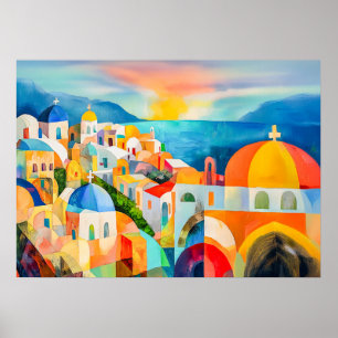 Póster Santorini vibrante con cúpulas coloridas